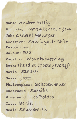 

Name: Andree RöttigBirthday: November 01, 1964
Job: General Manager
Location: Santiago de Chile
Favourites:
￼
Colour: Red 
Vacation: MountaineeringBook:The Idiot (Dostoyevsky)Movie: Stalker
Musik: Jazz
Philosopher: Schopenhauer
Swearword: Scheiße
Wine yard: Los Boldos
City: Berlin
Meal: Sauerbraten